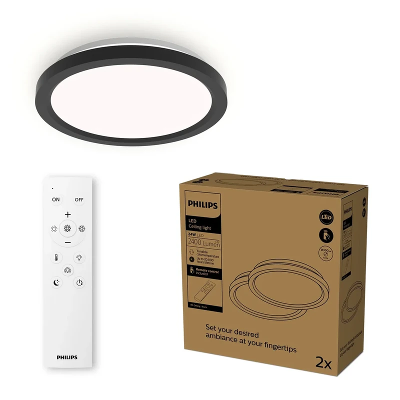 Philips LED Remote Control Ceiling Light, Round, 30 cm, Dimmable, Tunable White Light, Living Room, Bedroom, No Flicker or Glare, Modern Design, Black, 2 Pack