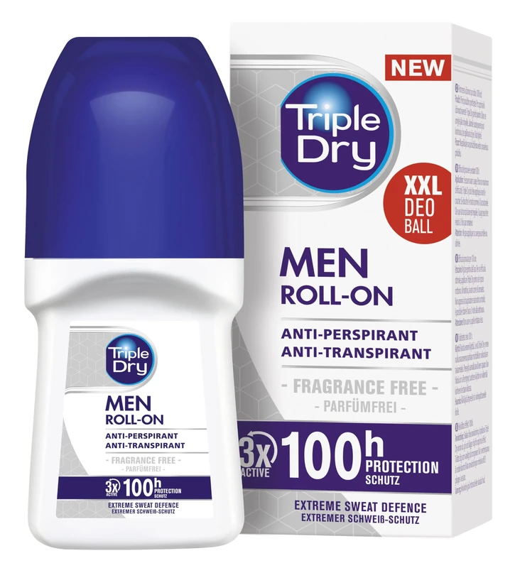 Triple Dry Men | Fragrance-Free Anti-Perspirant Roll On 50ml | 100-Hour Protection Against Excessive Sweating | Fights Odour | Triple Active Formula | Clinically Proven | Male