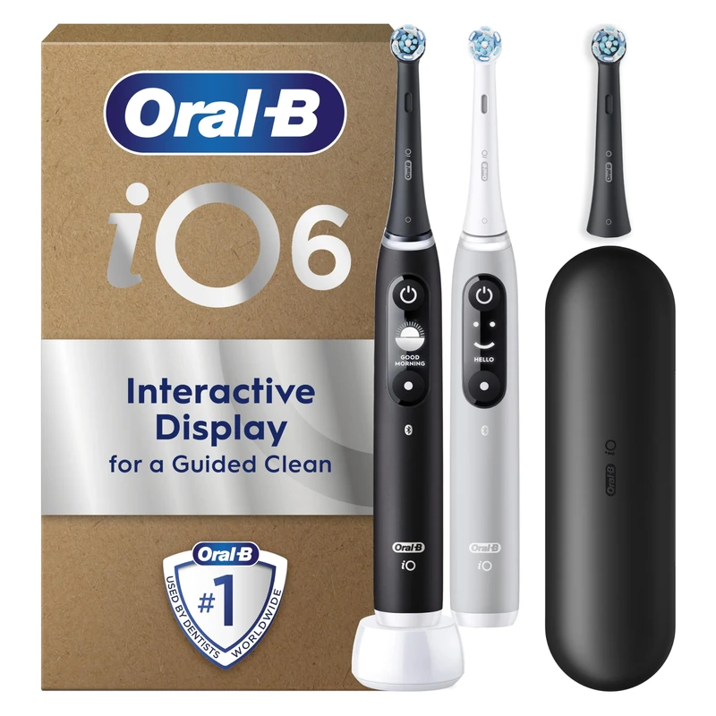 Oral-B iO 6 Electric Toothbrushes Dual Pack, Black and Grey, 3 Toothbrush Heads, 1 Travel Case, Designed By Braun