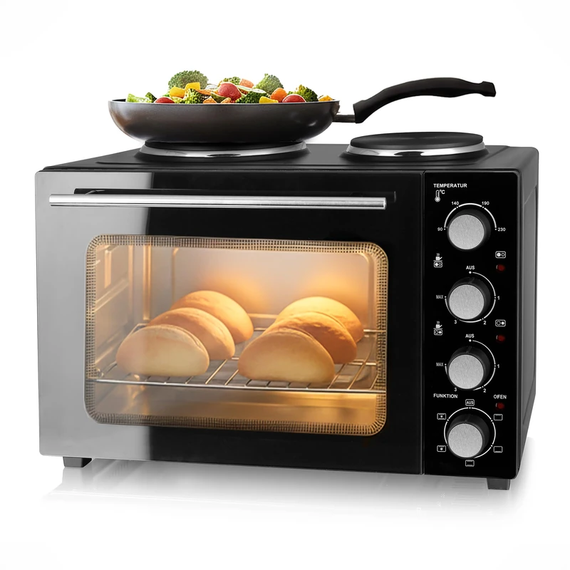 EMERIO MO-125236.4 Oven with 32 Litres + 2 Hobs | Convection + Top/Bottom Heat | Timer + Temperature Controller | Includes Baking Tray & Grill Rack | Compact Table Oven for Pizza, Rolls, Casseroles