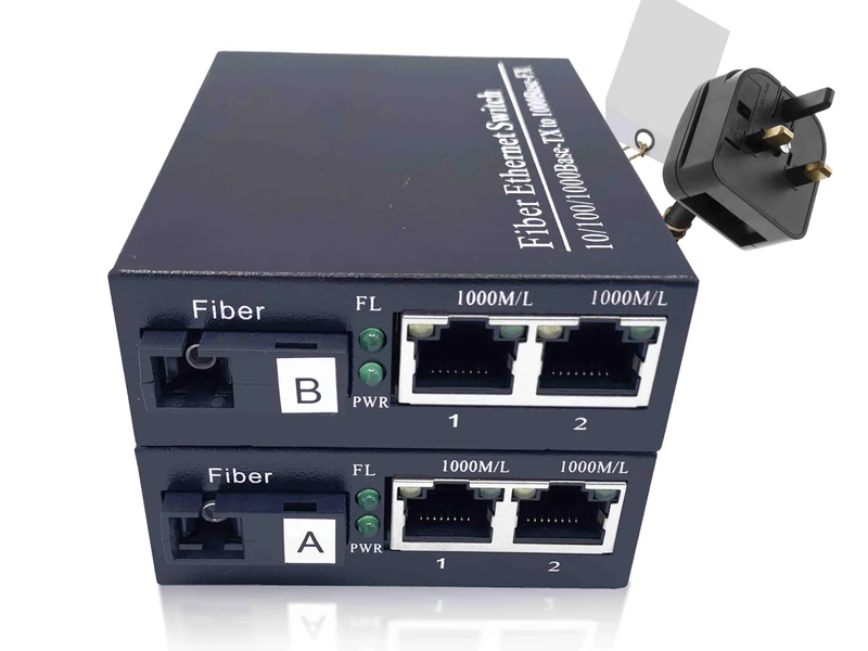 Elfcam 2-Pack Gigabit Fibre Media Converter, SFP 1.25G Included, SC Single-Mode, 10/100/1000Mbps RJ45 Ethernet to Fibre, Up to 20KM, Plug & Play, SC Ports, CAT5-8 Compatible, 4 RJ45 Ports