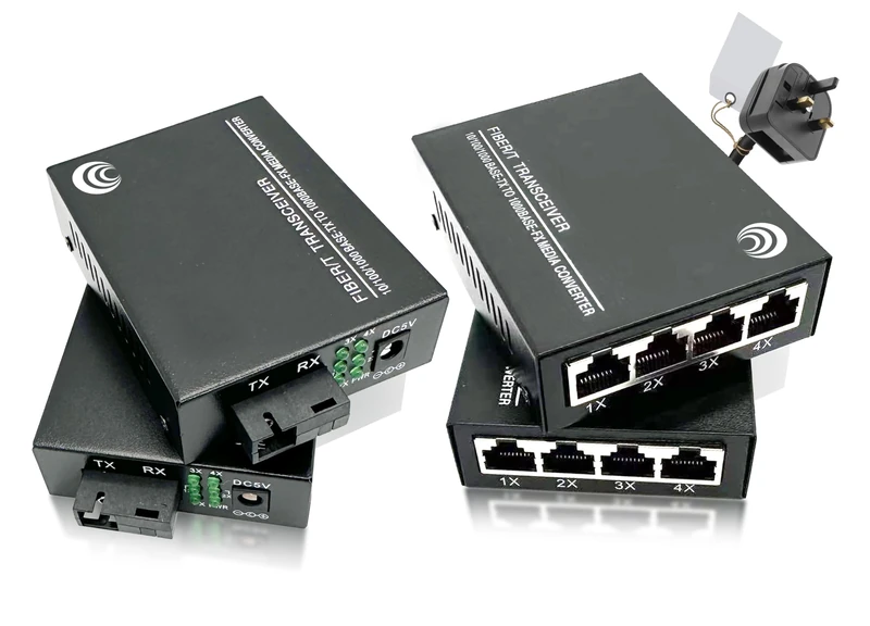 Elfcam 2-Pack Gigabit Fibre Media Converter, SFP 1.25G Included, SC Single-Mode, 10/100/1000Mbps RJ45 Ethernet to Fibre, Up to 20KM, Plug & Play, SC Ports, CAT5-8 Compatible, 8 RJ45 Ports