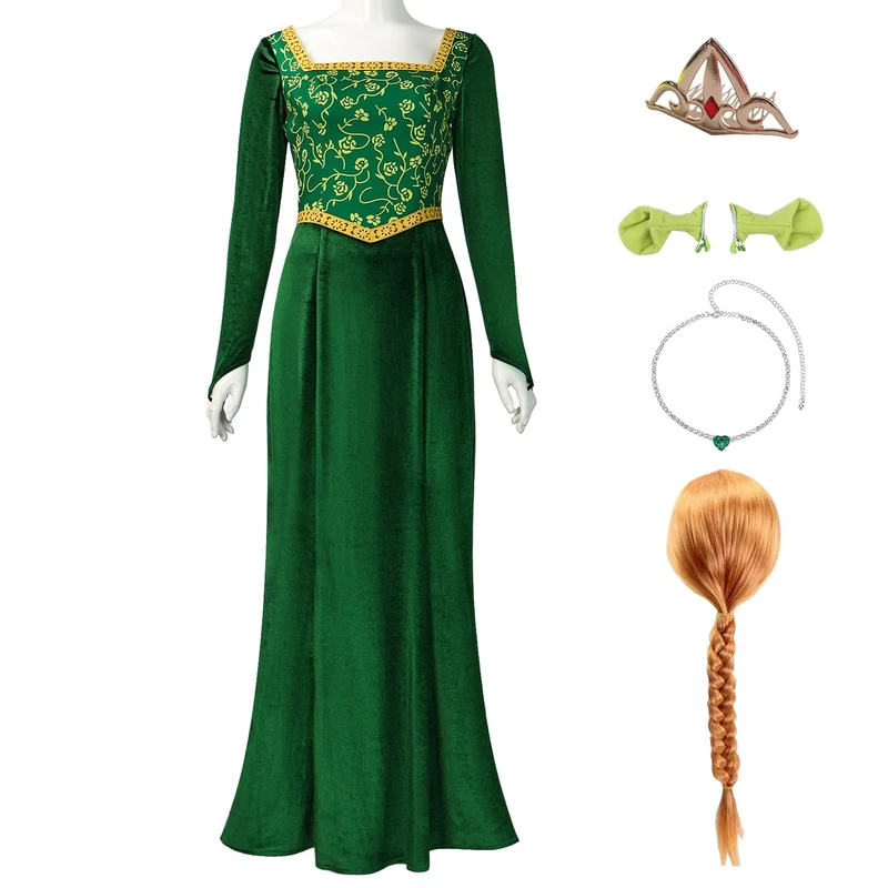 Nahzsai Princess Costume Green Velvet Dress Cosplay Maxi Dress Fancy Halloween Gown for Women, Dress+wig+ears+crown, X-Small