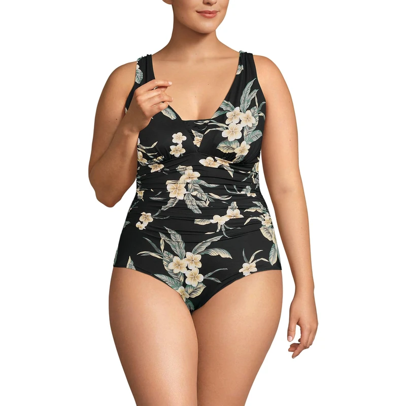 Lands' End Women's Slender Suit Grecian Low Leg One Piece Swimsuit, Black Plumeria Floral, 20 Plus
