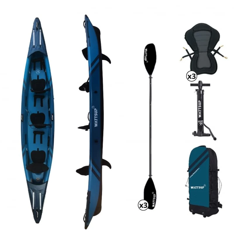 Wattsup - Inflatable Kayak - Torpedo 3 Seater Range - 476x80cm (15'6"x31") - 100% High Pressure/Dropstitch - Full Pack: Double Seat Paddles Pump Carry Bag - Up to 235kg - Blue