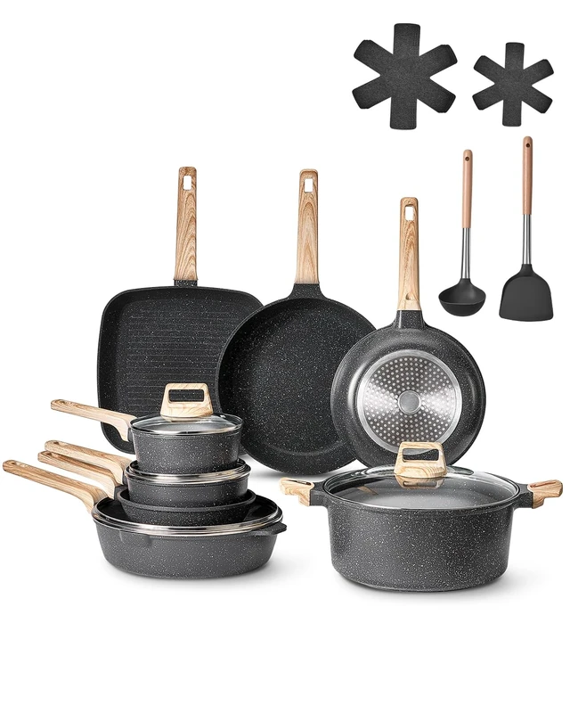 VEVOR 19 Piece Pots and Pans Set, Granite Nonstick Cookware Set, Induction Cookwares, Kitchen RV Cooking Sets with Frying, Sauce, Saute, Tempered Glass Lids, and Pan Protectors, Black
