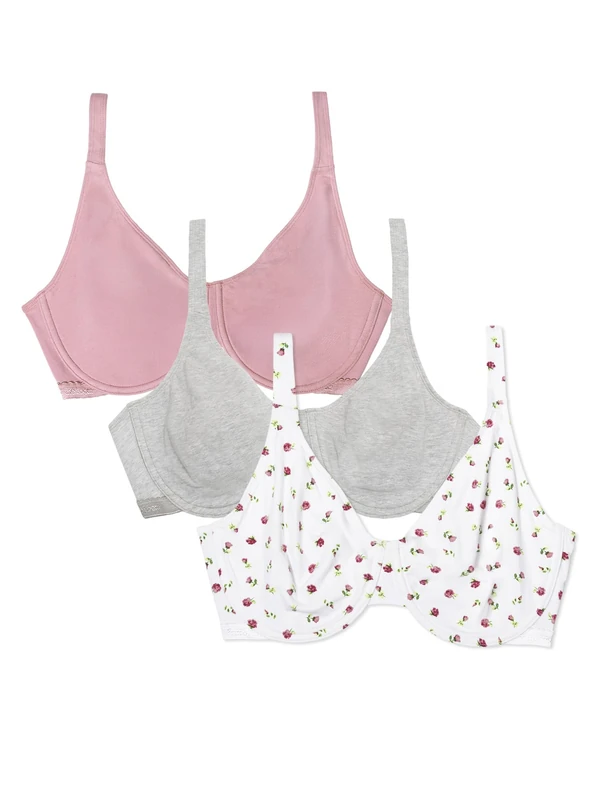 Fruit of the Loom Women's Unlined Underwire Bra-Cotton & Spandex Blend for Natural Shape and Flexibility Full Coverage, Opaque NA, Dancing Rosebuds/Lilas/Grey, 38DD (Pack of 3)