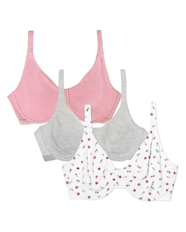 Fruit of the Loom Women's Unlined Underwire Bra-Cotton & Spandex Blend for Natural Shape and Flexibility Full Coverage, 0 inches, Dancing Rosebuds/Lilas/Grey, 34C (Pack of 3)