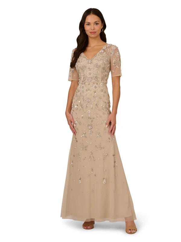 Adrianna Papell Women's Beaded Mesh Long Dress, Biscotti, 10