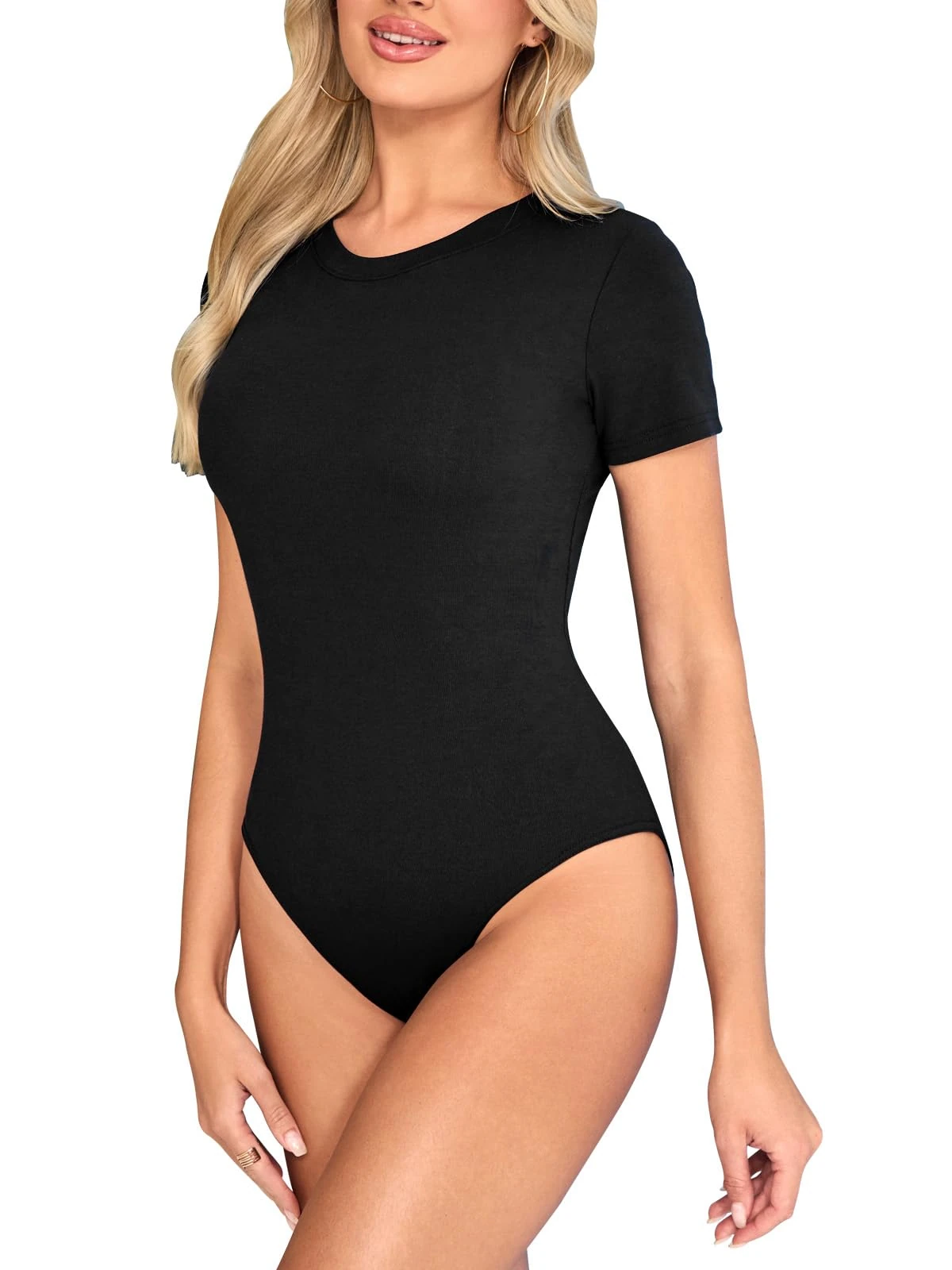 Kefiyis Bodysuit Short Sleeves Bodysuits for Women UK Crew Neck Body Suits Casual Slimming Stretch Leotard Tops with Snap Closure Thong Black L