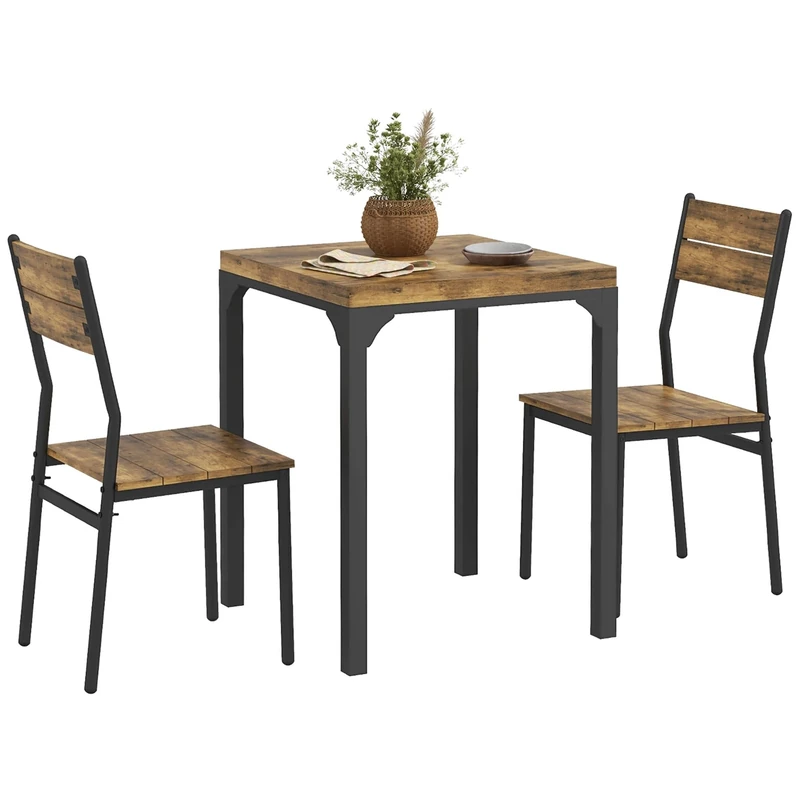 HOMCOM 3 Pieces Compact Dining Table 2 Chairs Set Wooden Metal Legs Bistro Cafe Kitchen Breakfast Bar Home Furniture, Rustic Brown