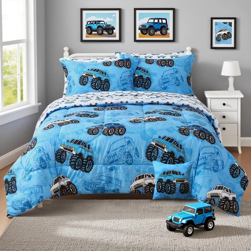 Mooreeke Kids Full Comforter Sets for Boys 8 Pieces Truck Blue Bedding Set for Teens Soft Microfiber Kids Bed in A Bag with Comforter, Sheet Set, Shams and Decorative Toy Pillow All Season