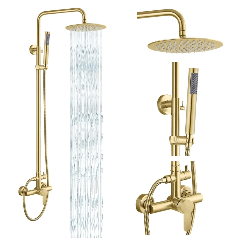 gotonovo Outdoor Shower Faucets SUS304 Stainless Steel Rain Shower Kit Faucet High Pressure Wall Mount 2 Dual Function 8" Shower Head and Handheld Shower Combo Single Handle Brushed Gold