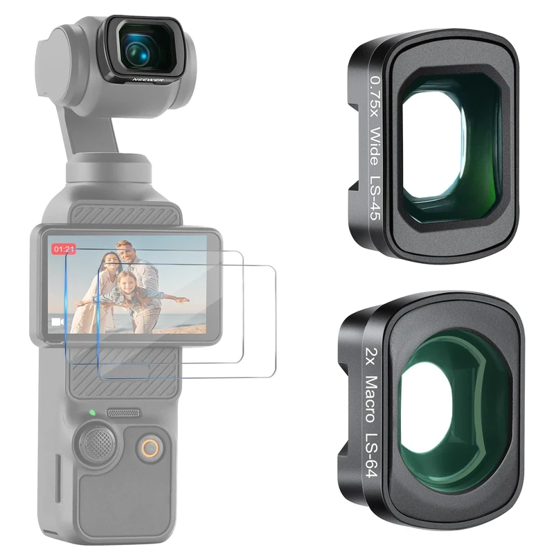 NEEWER 0.75X Wide Angle & 2X Macro Lens Set Compatible with DJI Osmo Pocket 3 Creator Combo Accessories, 108° FOV, 3 Elements In 3 Groups Macro Lens Kit with Two Screen Protectors, FL-B34