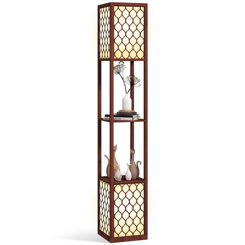 HOMCOM Floor Lamp with Shelves, Modern Tall Standing Lamps with Fabric Lampshade, Chain Switch and Dual Light for Living Room, Bedroom, Bulb not Included, Brown