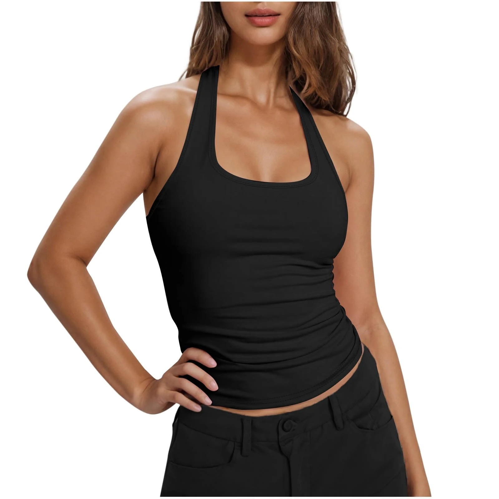 Women's Camisoles Vests Tank Top Women Ladies Gym Wear Backless Tees Tunic Casual Trendy Blouses Thin Cami Shirt Activewear Halter Neck Tank Top Sleeveless Slim Fit Vest Square Neck Workout Clothes