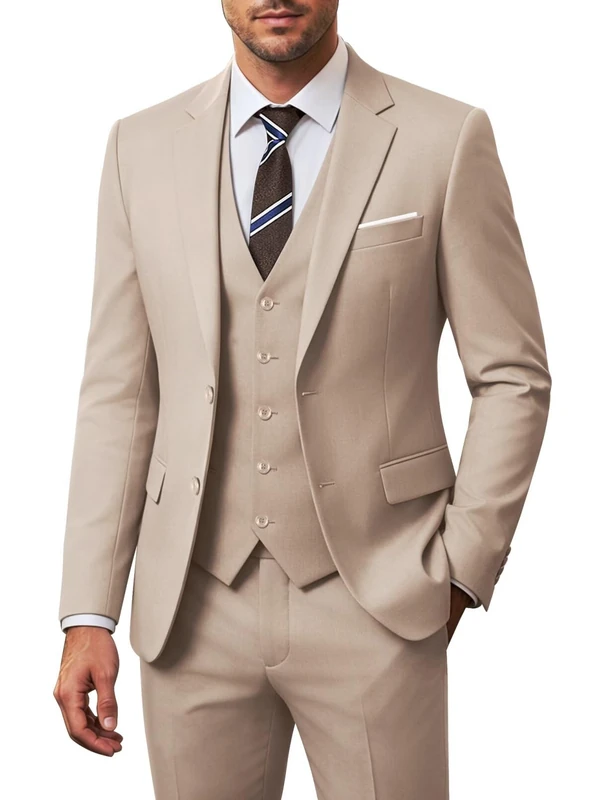 ZKHOECR Men's 3 Piece Slim Fit Suit Set, Two Button Blazer Solid Jacket Vest Pants Wedding Business Suit, Champagne, 5XL