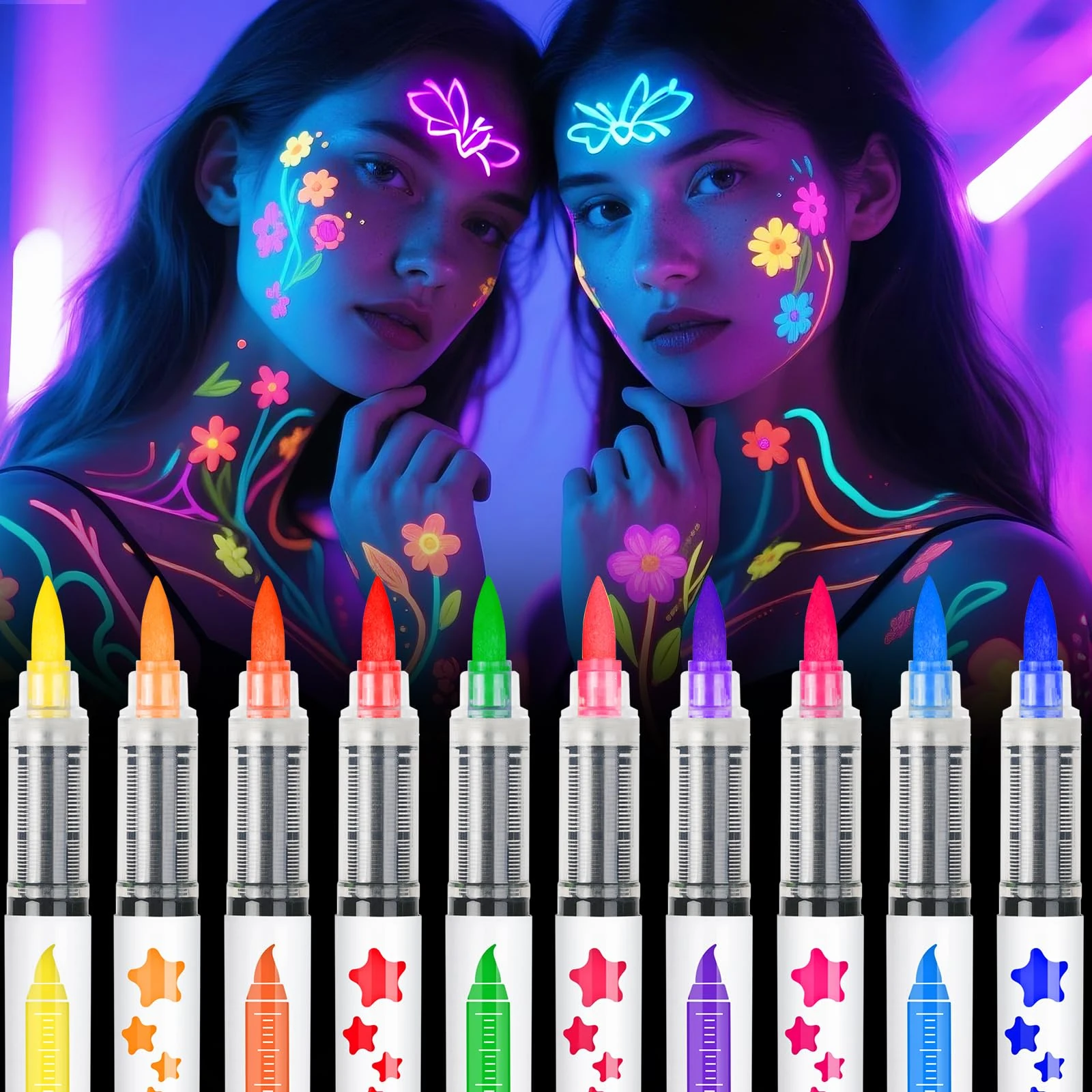 nsxsu Glow in the Dark Face Paint Pens 10 Color, Neon Face Paint Markers, UV Face Paint Body Paint Kit Glow Under Blacklight, Temporary Tattoo Pens for Glow Party Festival Accessories Stocking Fillers