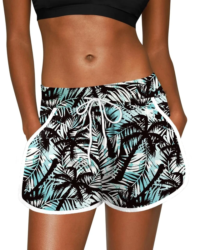 For G and PL Women's High Waisted Quick Dry Breathable Tropical Swimming Casual Beach Shorts Blue Black Coconut Tree L