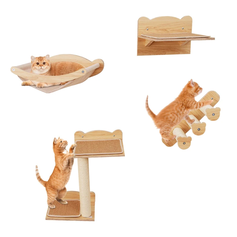GYMAX 4PCS Wall Mounted Cat Tree, Cat Wall Shelves with Sisal Steps, Scratching Posts & Hammock, Wooden Cats Wall Furniture Set for Indoor Cats - Image 1