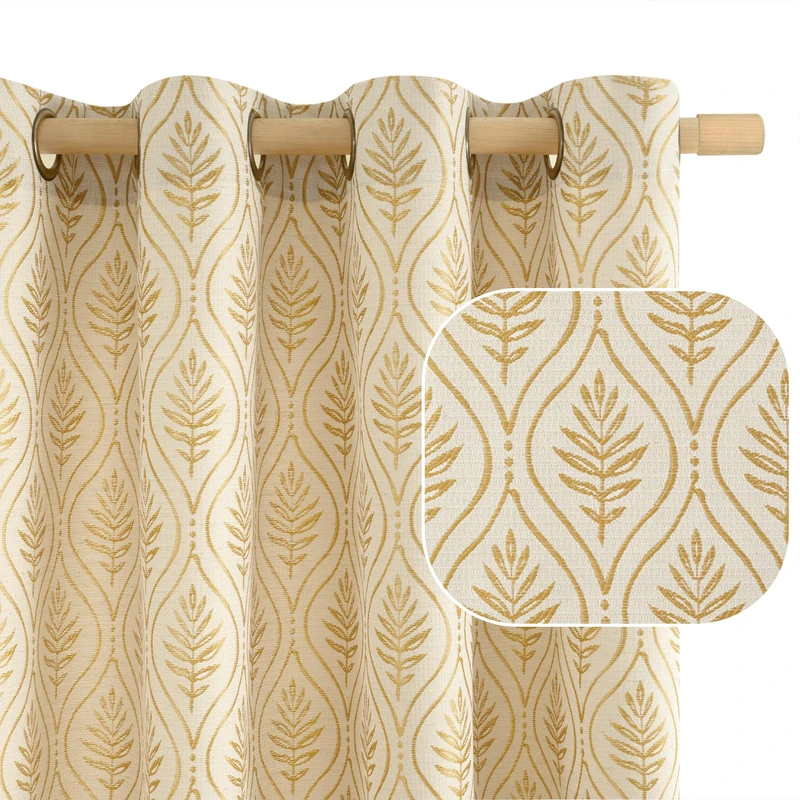 BGment Gold Linen Curtains for Living Room, French Country Leaf Jacquard Botanical Pattern Cottage Core Boho Vintage Grommet Light Filtering Semi Sheer Linen Curtains, 2 Panels, 52 x 84 Inch
