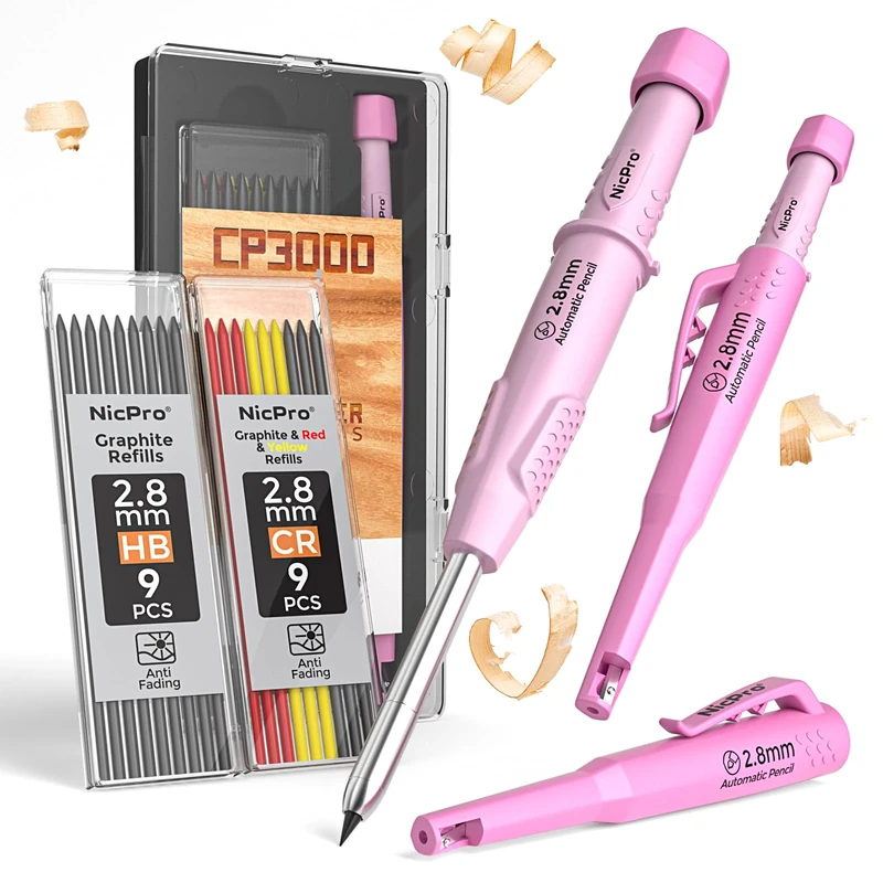Nicpro CP3000 Carpenter Pencil with Sharpener, Mechanical Pencils Set with 19 Refills, Deep Hole Marker for Construction, Heavy Duty Woodworking Pencils for Architect (Pink)