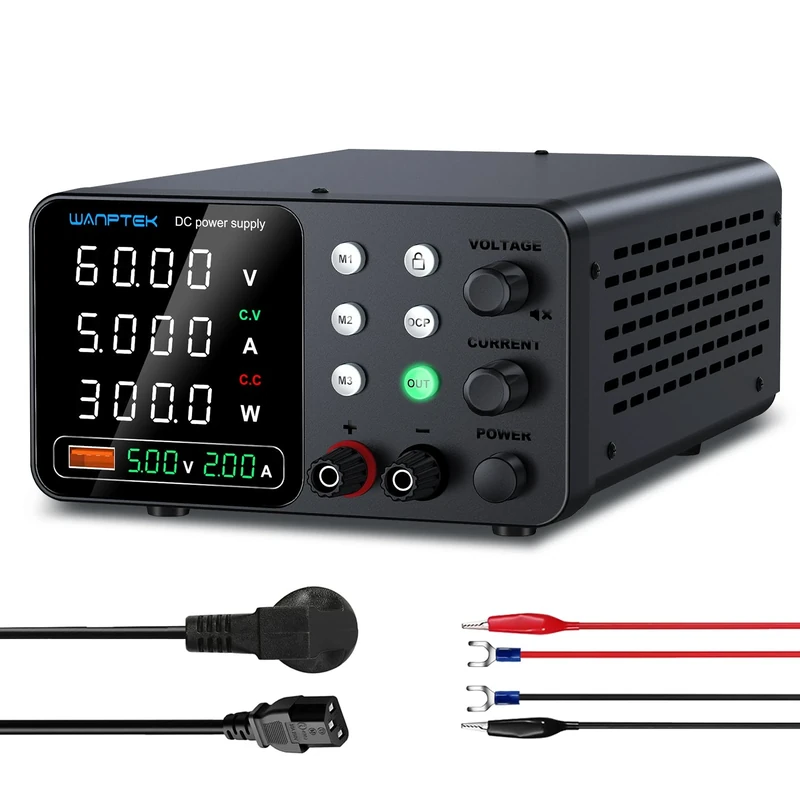 WANPTEK POWER Bench Power Supply Variable 0-60V 0-5A, DC Power Supply Adjustable with Memory Preset/Locking Key/OCP Protection/Output Button/USB Fast Charging /4-Digit LED Display