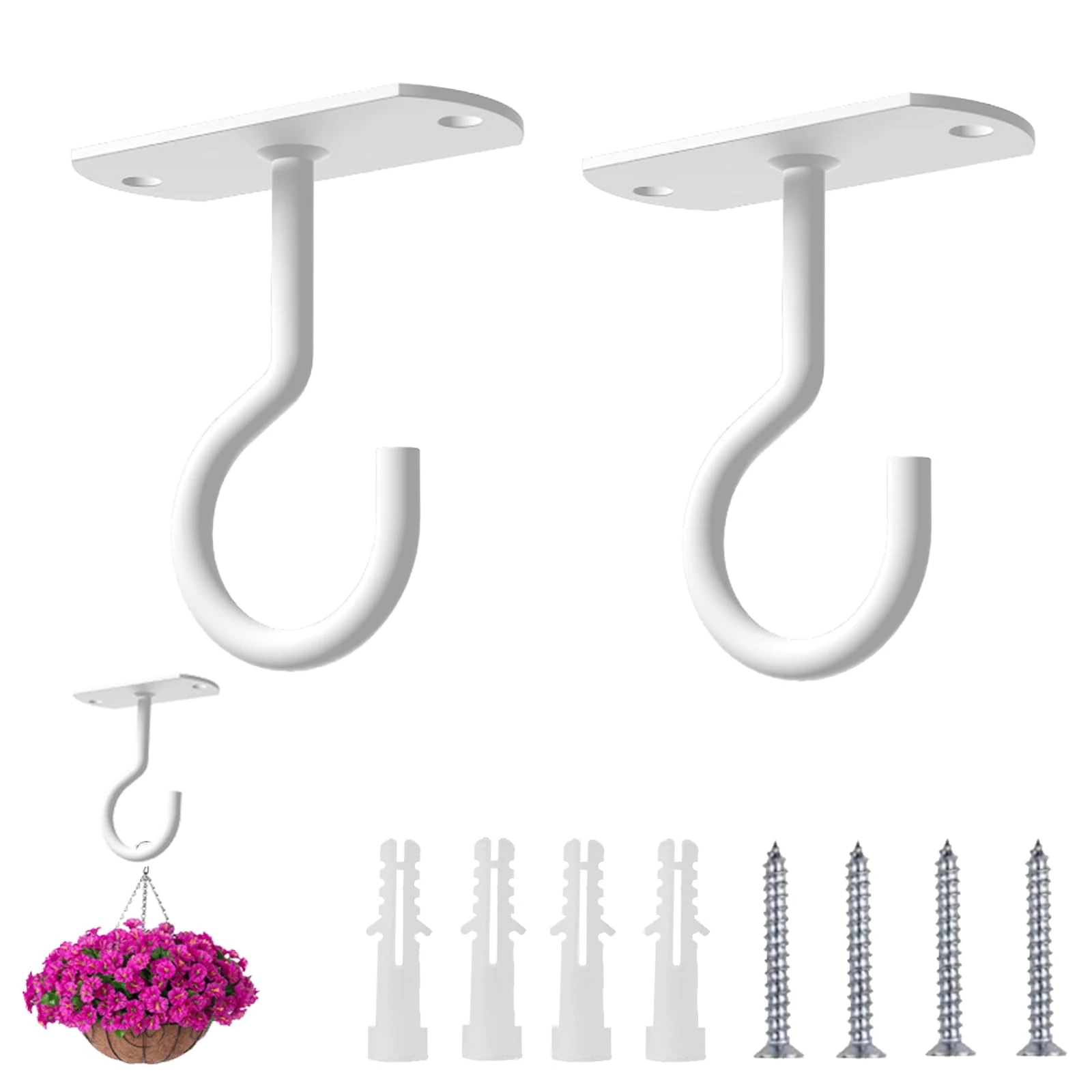 Ceiling Hooks for Hanging Plants, 2-Pack White Ceiling Hooks Heavy Duty, Includes 8 Accessories, Hanging Basket Bracket for Indoor & Outdoor Use, Wall Mount Plant Hooks & Hangers for Bird Feeders