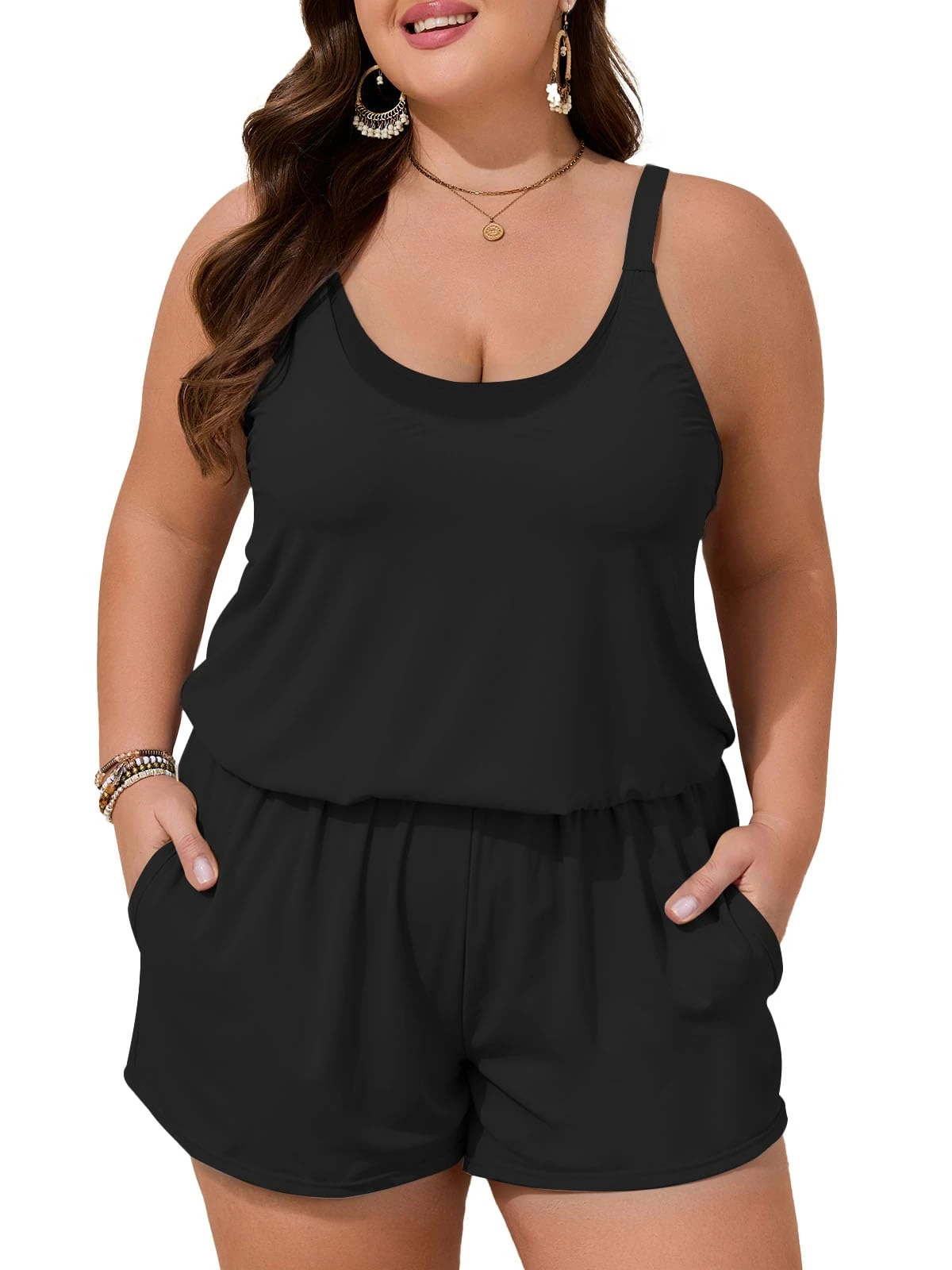 Summer Mae Plus Size Swim Romper Women One Piece Swimsuit Blouson Bathing Suit with Pockets 2025 Modest Swimwear, Black, 22 Plus
