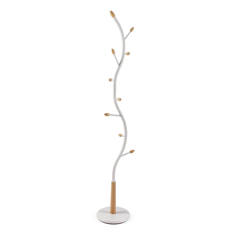 Versa Swindon Minimalist Style Floor Coat Rack, with 9 Hooks or Hangers for Clothes or Bags for the Hallway, Measurements (H x L x W) 180 x 30 x 30 cm, Metal and Wood, White