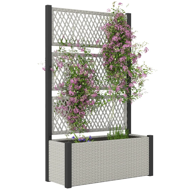 Outsunny Garden Planter Box with Trellis, Liner, Rattan Raised Bed, Trough Planter with Topped Trellis for Climbing Plants, Vegetables, Flowers, 90 x 35 x 148 cm, Mixed-grey