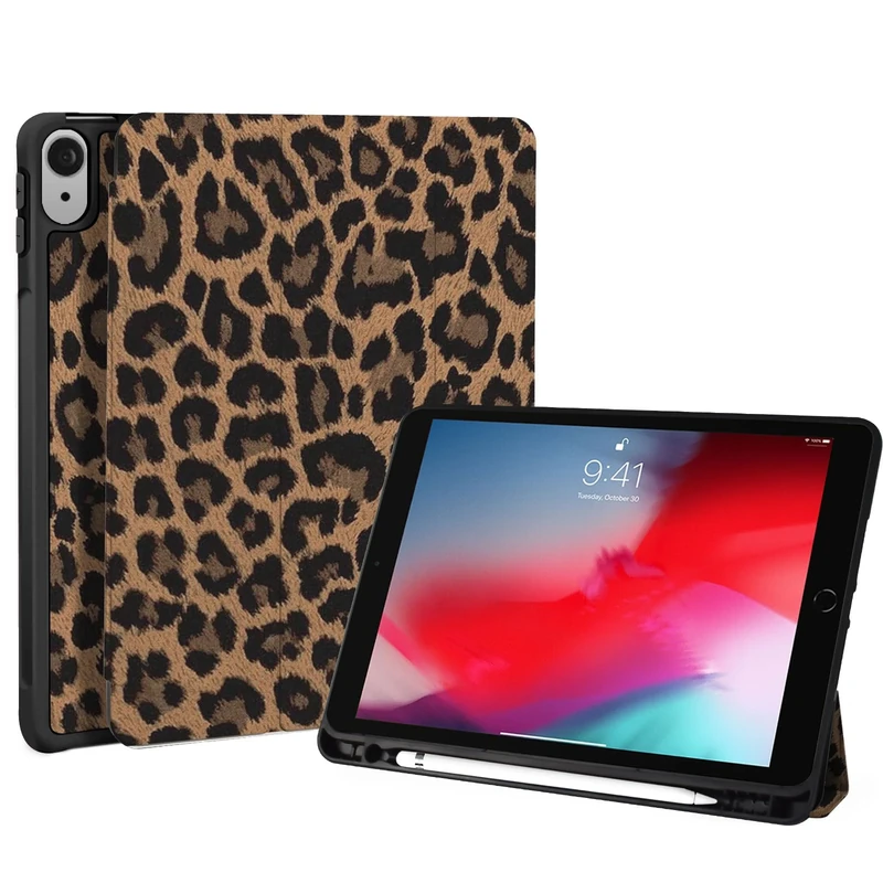 Fycyko Compatible with iPad (A16) 11th Generation 11 Inch 2025 Case, Slim Stand Cover for iPad 10th 10.9 Inch 2022 with Pencil Holder & Tip Cover, Cute Leopard Pattern Protective Case - Brown