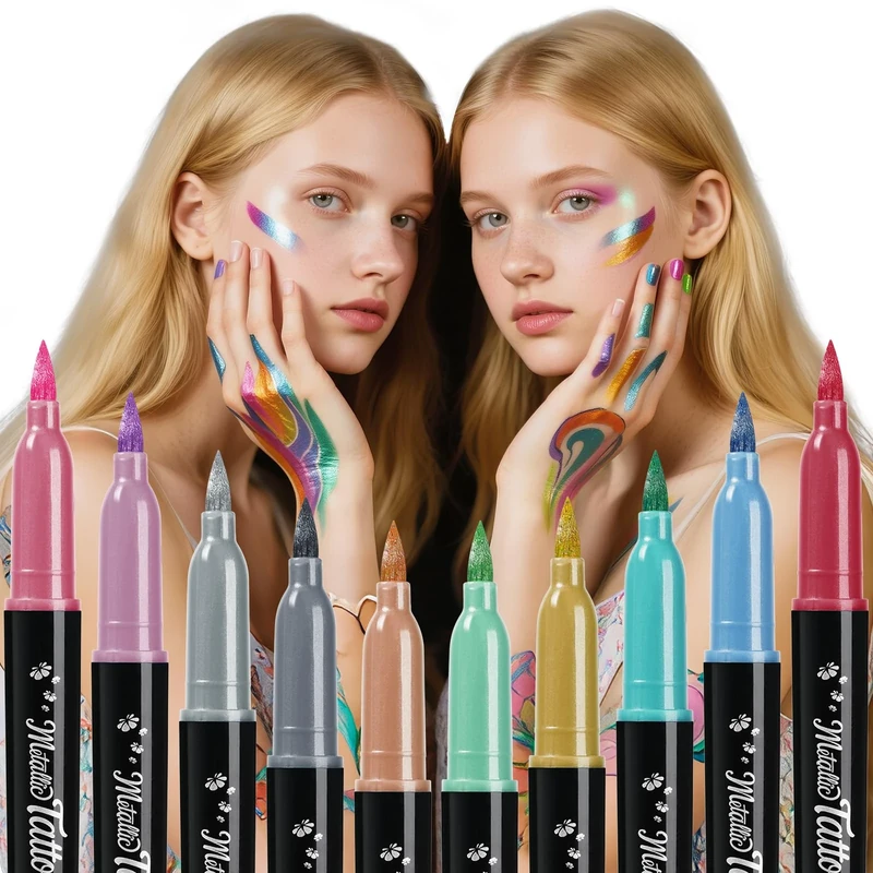 ThEast 10 Colours Halloween Face Paint Pens, Metallic Glitter Body Markers for Skin, Temporary Tattoo Pen for Kids & Adults - Makeup for Party, Festival Essentials