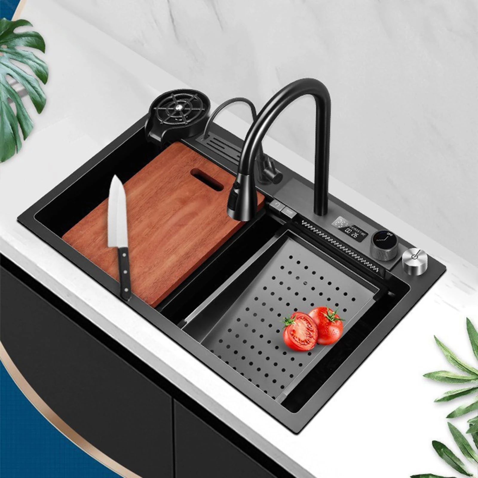 IUBGFTO Kitchen Waterfall Sink Stainless Steel Sink, Units Sink Drain Basket & Complete Kitchen Sink Accessories (750 * 460mm)