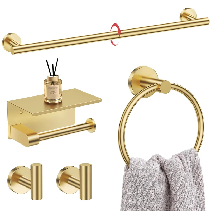 5-Piece Towel Bar Set Brushed Gold Bathroom Hardware Accessories Set Upgraded Toilet Paper Holder with Shelf Towel Holder Set for Bathroom Stainless Steel Wall Mounted