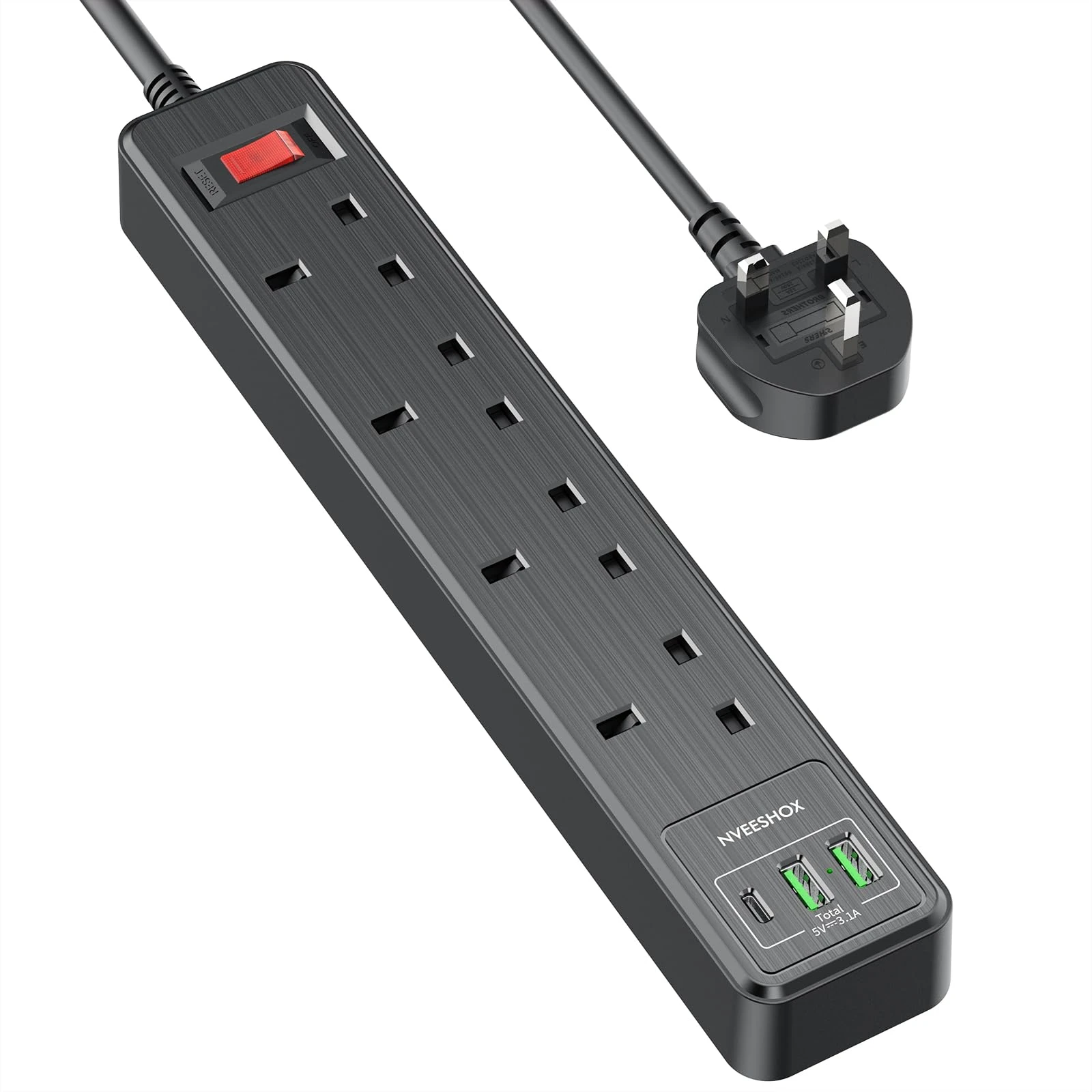 NVEESHOX Black Extension Lead 2M (13A 3250W), 4 Way Outlets Extension Cord, Surge Protected Extension Lead with USB Slots (2 USB-A & 1 USB-C), Multi Plug Extension Sockt, Extension Cable for Home