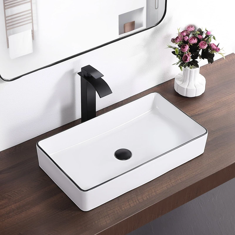 KARAMAG Vessel Sink Rectangle 24"x14" Bathroom Sink Above Counter Porcelain Ceramic White with Black Rim Ceramic Vessel Sinks for Bathrooms