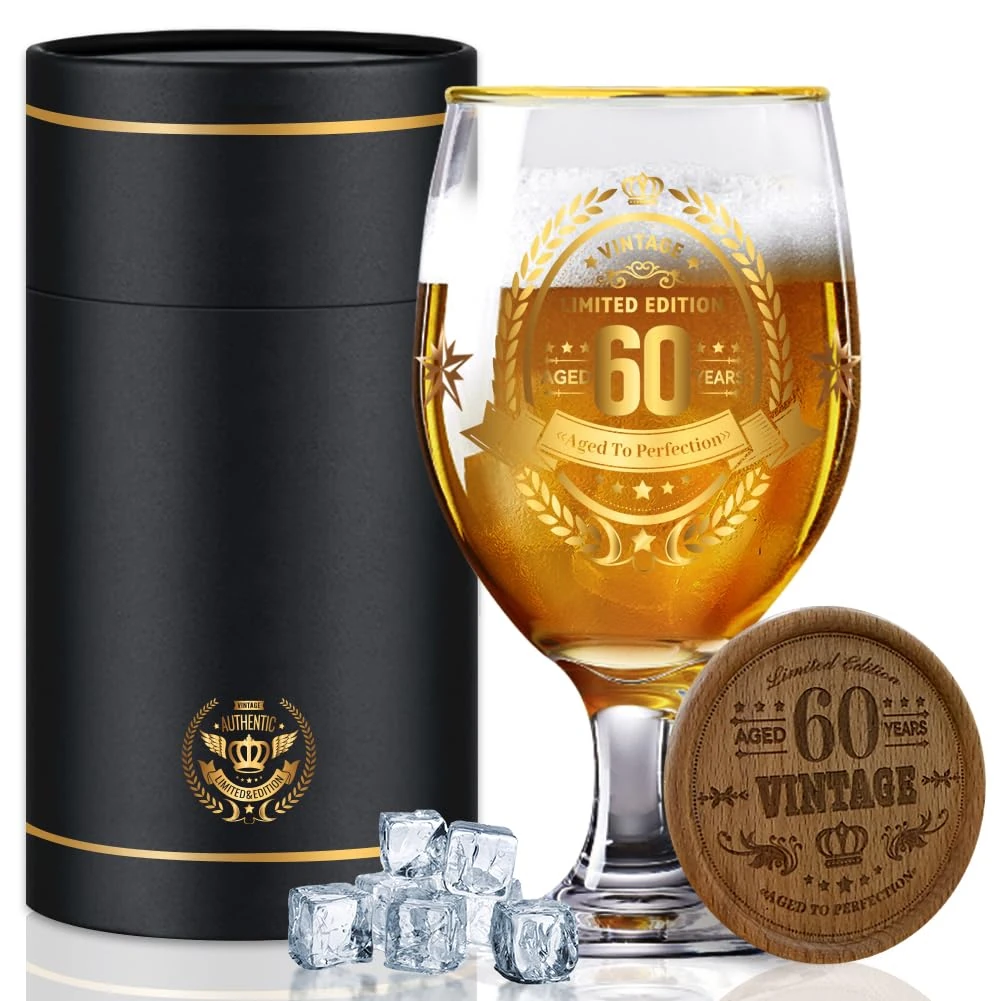 Fabuloustrim 60th Birthday Gifts for Men,Vintage Beer Glass with Wooden Coaster – Aged to Perfection 60th Beer Glass,Gift for Dad,Husband,Friend – Christmas,Father’s Day,Retirement Present