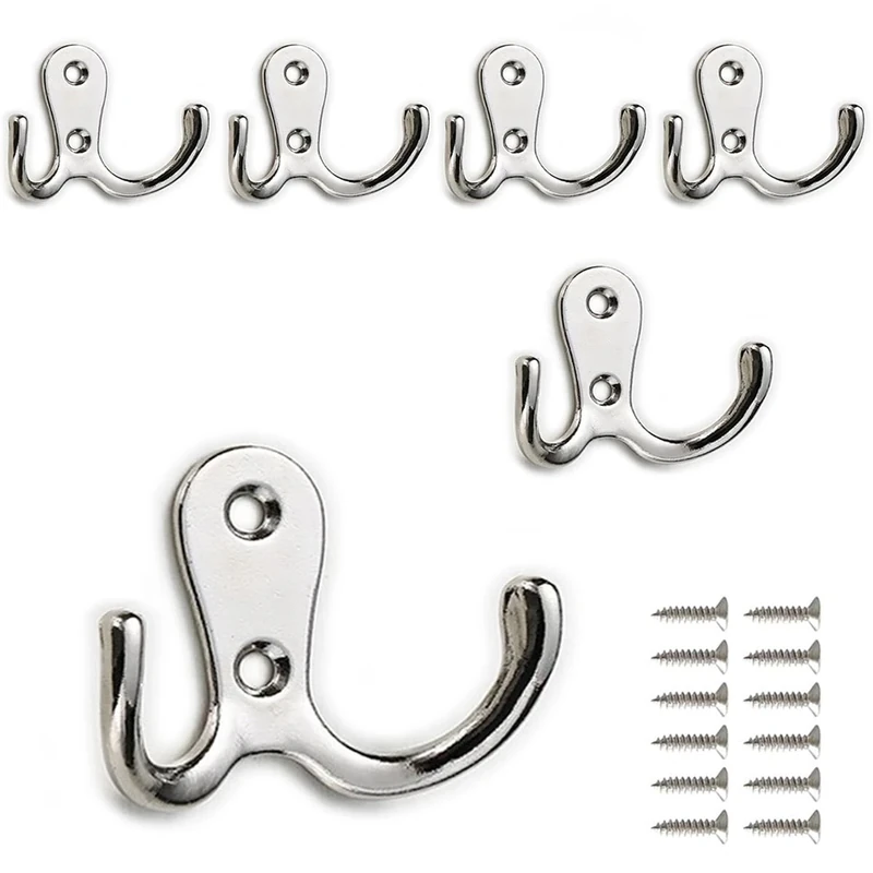 PAIDASHU 6-Pack Double Coat Hooks, Metal Hooks, Wall-Mounted Coat Hooks with Screws for Hanging Clothes, Hats, Towels, Keys, Kitchenware, for Living Room, Bedroom, Bathroom, Kitchen (Silvery)