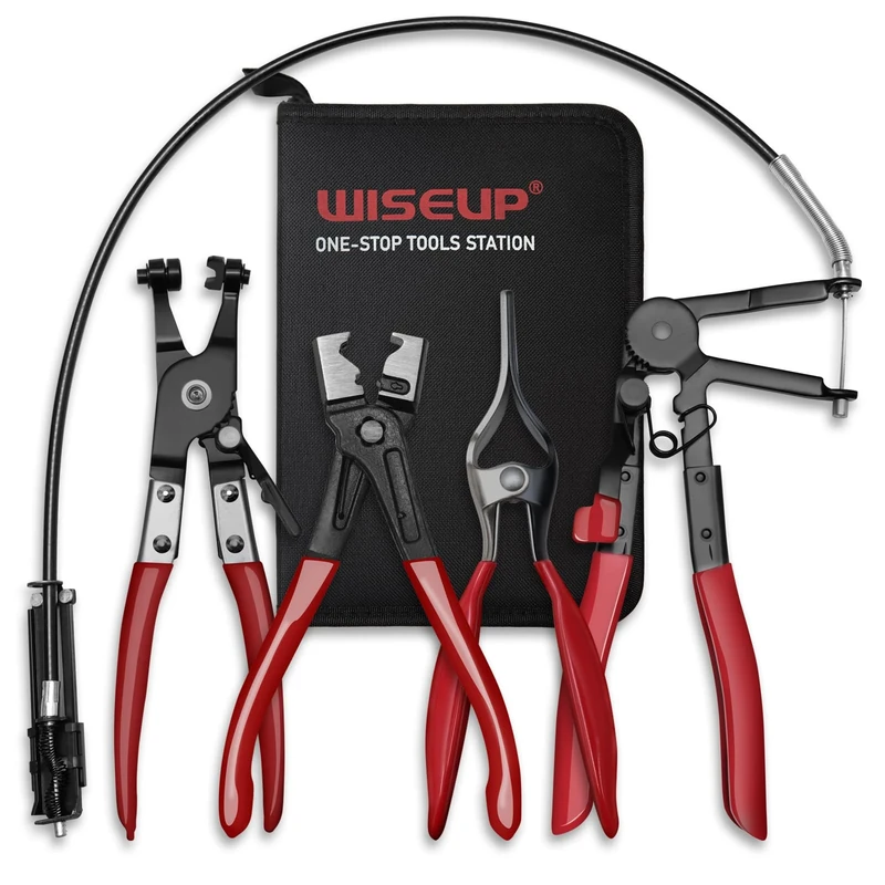 WISEUP 4PCS Hose Clamp Pliers Set - Includes 27" Long Reach Wire Spring Plier, Clic-R Type Pliers, Hose Remover & Flat Band Clamp Tool - for Automotive Fuel, Oil, Coolant, Radiator Hoses