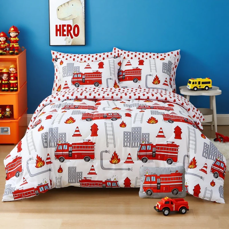 Mooreeke Kids Full Comforter Sets for Boys 8 Pieces Fire Truck White Bedding Set for Teens Soft Microfiber Kids Bed in A Bag with Comforter, Sheet Set, Shams and Decorative Toy Pillow All Season