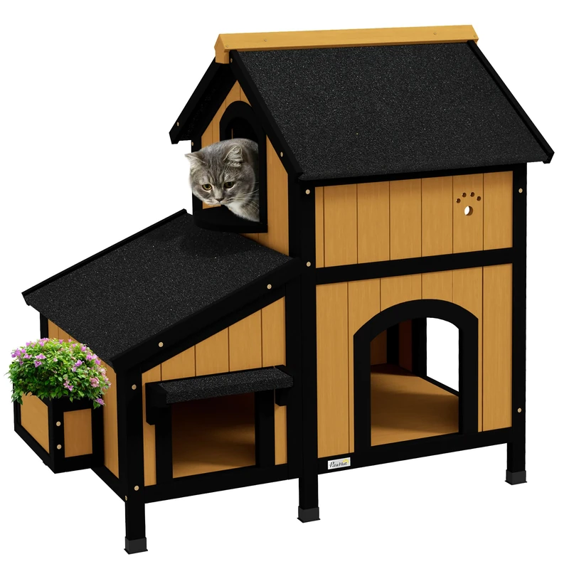 PawHut Wooden Outdoor Cat House with Flower Pot, Windows, Multiple Entrances, Water-Resistant Roof - Yellow