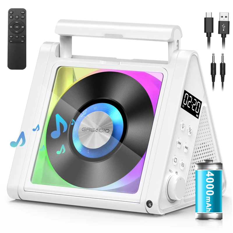 Greadio Portable CD Players for Home, 2 * 10W HIFI System, 4000mAh Rechargeable CD Player with Bluetooth 5.3, FM Radio, USB, AUX, Remote Control,RGB Coloured Lights, Home Audio CD-Player (White)