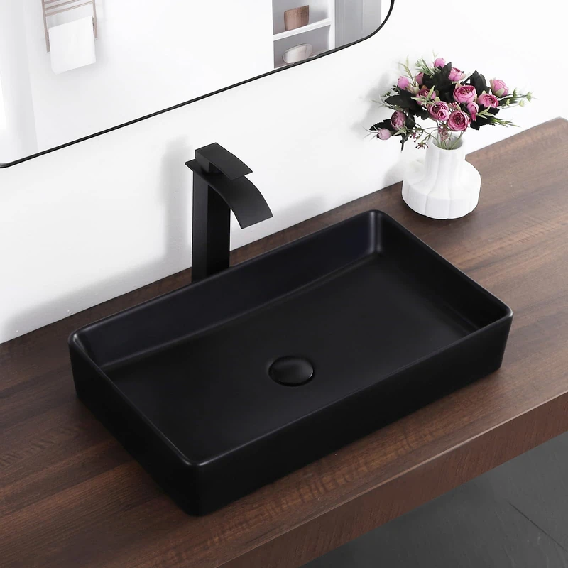 KARAMAG Black Vessel Sink Rectangle 24"x14" Bathroom Sink Above Counter Porcelain Ceramic Small Sink Bowl Ceramic Vessel Sinks for Bathrooms