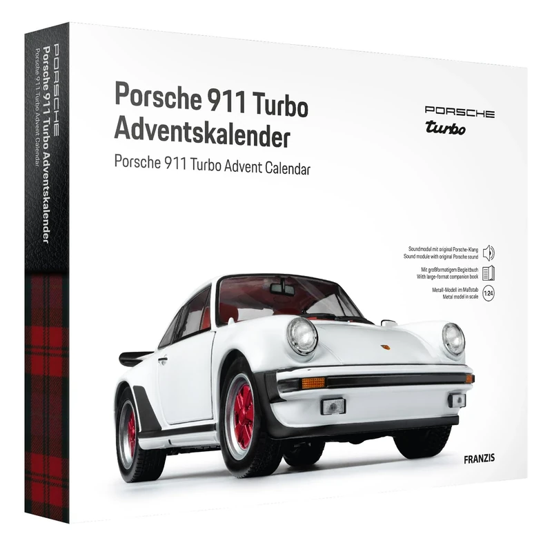 FRANZIS 67322 Porsche 911 Turbo Advent Calendar Model Kit 1:24 Scale Including Sound Base and 52-Page Accompaniment Book
