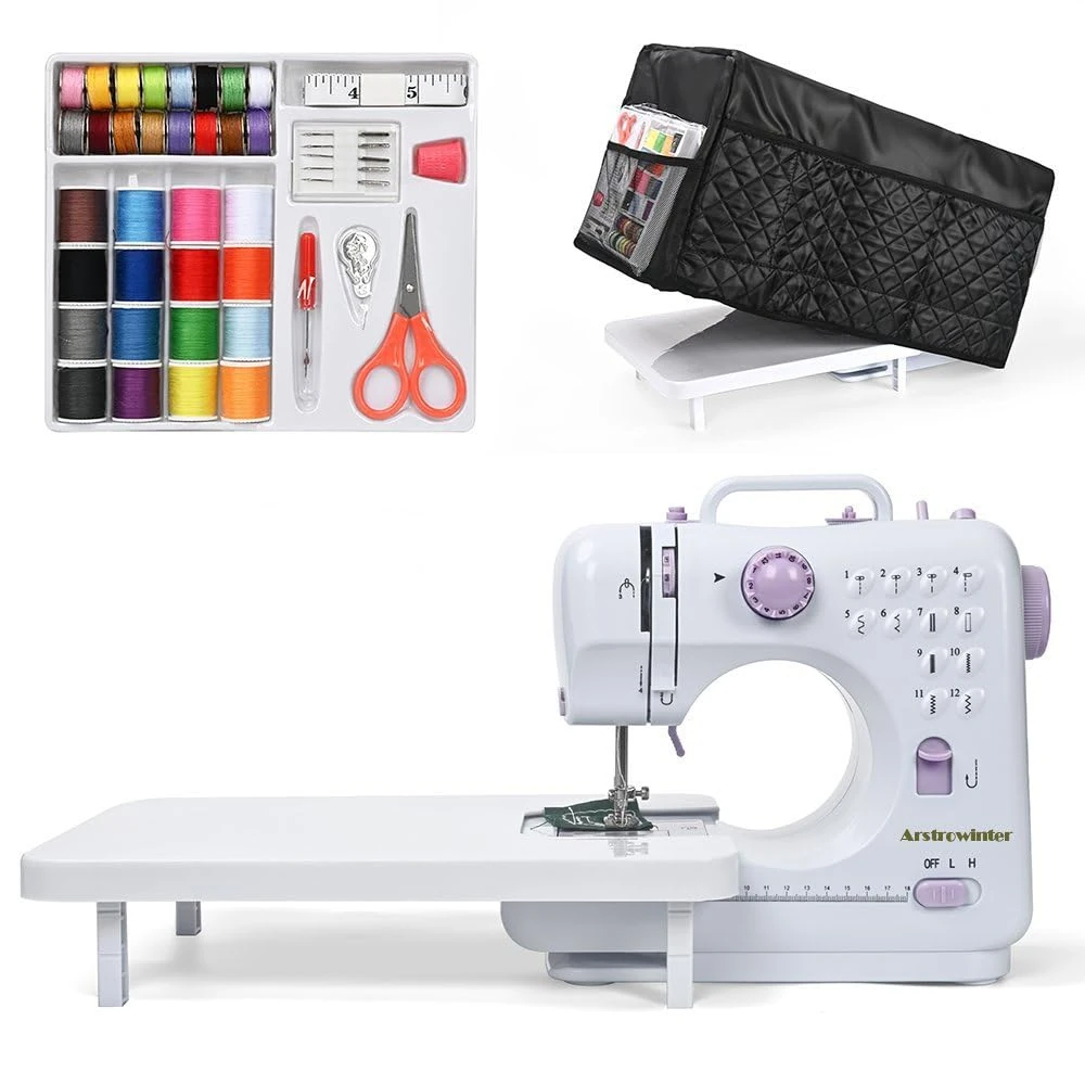 Mini Sewing Machine for Beginners (Includes Cover with Storage Pockets, Extension Table And Sewing supplies set) by Astrowinter AW-051-UK-A23