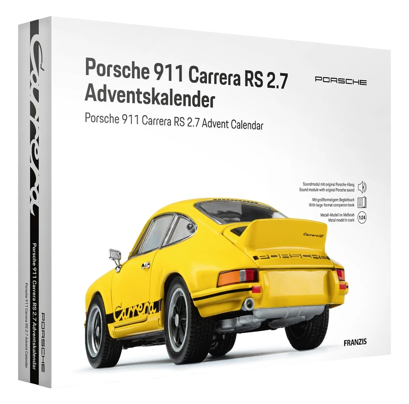 FRANZIS 67273 Porsche 911 Carrera RS 2.7 Advent Calendar Model Kit 1:24 Scale Including Sound Base and 52-Page Accompaniment Book