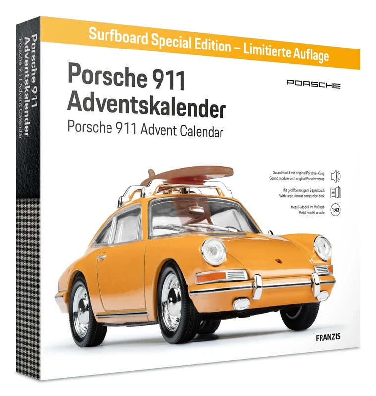 FRANZIS 67299 Porsche 911 Special Edition Surfboard Advent Calendar Model Kit 1:43 Scale Including Sound Module and 52 Page Accompaniment Book