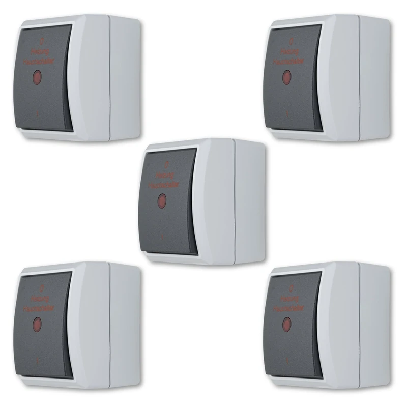 REV AquaForm Economy Set of 5 Heating Switches Wet Room IP44 Double Pole Surface-Mounted Grey