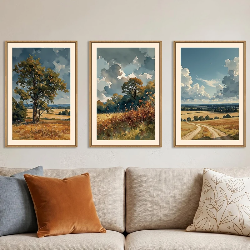 KAIRNE Nature Landscape Framed Canvas Wall Art Set,Watercolor Countryside Forest Wall Decor,Blue Green Scenery Art Prints,Rustic Wilderness Artwork for Living Room,Bedroom,Farmhouse,Office-16 x24 x3